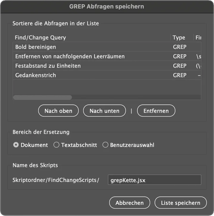 Dialog von chainGREP: gespeicherte GREP-Abfragen sortieren und als eigenes Skript speichern